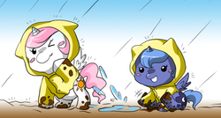 Size: 700x376 | Tagged: safe, artist:yoonny92, princess celestia, princess luna, alicorn, pony, g4, beady eyes, cewestia, cute, duo, filly, mud, puddle, rain, raincoat, woona, younger