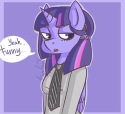 Size: 2243x2048 | Tagged: safe, artist:yukomaussi, twilight sparkle, anthro, g4, clothes, dialogue, female, hairclip, necktie, sarcasm, solo, speech bubble, twilight sparkle (alicorn), unimpressed