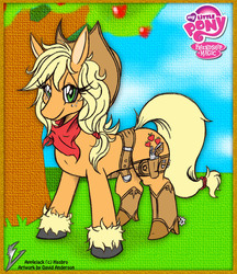 Size: 1313x1520 | Tagged: safe, artist:viroveteruscy, applejack, g4, bandana, boots, clothes, female, gun, hat, pistol, revolver, solo, spurs, weapon