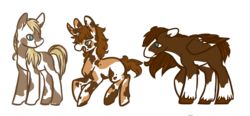 Size: 1187x551 | Tagged: safe, artist:spideride, oc, oc only, earth pony, pegasus, pony, unicorn, calico, cocky calico, male, proud paint, rickety red, stallion, unshorn fetlocks