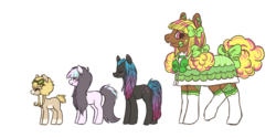Size: 1779x890 | Tagged: safe, artist:spideride, oc, oc only, oc:airy, oc:antiquity, oc:stitch'n, earth pony, pony, angry, bandaid, bow, clothes, female, freckles, goggles, happy, mare, pigtails, simple background, smiling, socks, stitches, tail bow, transparent background