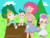 Size: 600x450 | Tagged: safe, artist:airy-f, pinkie pie, pound cake, pumpkin cake, sweetie belle, human, g4, clothes, dress, humanized, light skin, overalls