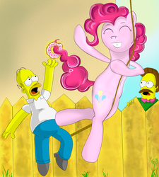 Size: 920x1024 | Tagged: safe, artist:trytapok, pinkie pie, g4, crossover, donut, fence, homer simpson, male, ned flanders, op is a duck, op is trying to start shit, rope, smiling, the simpsons