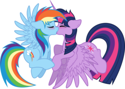 Size: 8000x5711 | Tagged: safe, artist:themoonraven, artist:xpesifeindx, rainbow dash, twilight sparkle, alicorn, pegasus, pony, g4, absurd resolution, blushing, cutie mark, duo, eyes closed, female, flying, flying buddies, kiss on the lips, kissing, lesbian, mare, ship:twidash, shipping, simple background, transparent background, twilight sparkle (alicorn), vector, wings