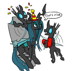 Size: 915x873 | Tagged: safe, artist:heretichesh, queen chrysalis, changeling, g4, confetti, hat, heart, party hat, queen chrysalis is not amused, throne, trio, unamused