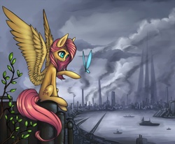 Size: 1200x987 | Tagged: safe, artist:asimos, fluttershy, butterfly, g4, city, female, solo