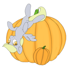 Size: 1418x1332 | Tagged: safe, artist:rainbow-dosh, derpy hooves, pegasus, pony, g4, female, looking at you, mare, on back, pumpkin, silly, silly pony, simple background, solo, white background