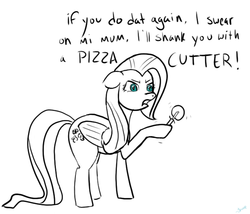 Size: 685x585 | Tagged: safe, artist:rainbow-dosh, fluttershy, g4, female, partial color, pizza cutter, solo, threat, u wot m8