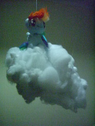 Size: 768x1024 | Tagged: dead source, safe, artist:tkc, rainbow dash, pegasus, pony, g4, cloud, cotton, craft, irl, nylon strings, on a cloud, photo, plushie, sitting, sitting on a cloud, toy