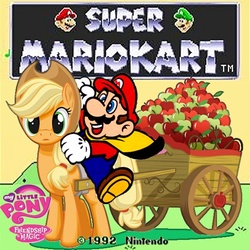 Size: 545x545 | Tagged: safe, applejack, g4, apple, cape mario, cart, crossover, game, horses doing horse things, humans riding ponies, luigi, male, mario, mario bros riding applejack, mario kart, my little pony logo, riding, riding a pony, super mario bros., super mario kart, video game, wagon