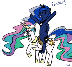 Size: 967x900 | Tagged: safe, artist:rainbow-dosh, princess celestia, princess luna, alicorn, pony, g4, duo, luna riding celestia, ponies riding ponies, riding