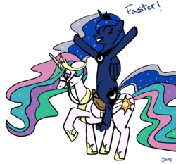 Size: 967x900 | Tagged: safe, artist:rainbow-dosh, princess celestia, princess luna, alicorn, pony, g4, duo, female, luna riding celestia, mare, ponies riding ponies, riding, royal sisters, siblings, simple background, sisters, transparent background