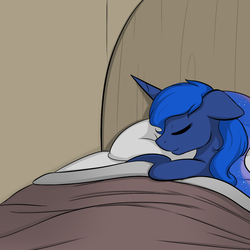 Size: 1000x1000 | Tagged: safe, artist:theparagon, princess luna, hunted luna, g4, bed, blanket, cute, eyes closed, female, floppy ears, on side, pillow, sleeping, smiling, solo