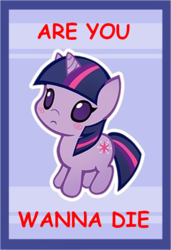 Size: 627x917 | Tagged: safe, edit, twilight sparkle, g4, are you wanna die, chibi, comic sans, engrish, female, grammar error, meme, solo