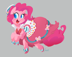 Size: 2425x1940 | Tagged: dead source, safe, artist:twitchykismet, pinkie pie, g4, clothes, colored pupils, dress, female, gala, gala dress, gray background, open mouth, simple background, solo