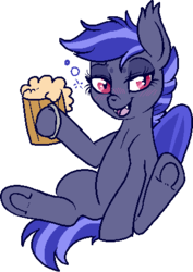 Size: 313x443 | Tagged: safe, artist:lulubell, oc, oc only, oc:night watch, bat pony, pony, blushing, cider, drunk, simple background, solo, spread legs, transparent background