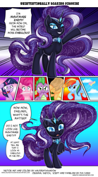 Size: 1200x2160 | Tagged: safe, artist:dimidiummorsumbra, artist:pia-sama, applejack, fluttershy, nightmare rarity, pinkie pie, rainbow dash, rarity, spike, twilight sparkle, dragon, earth pony, pegasus, pony, unicorn, g4, clothes, comic, cosplay, costume, female, makeup, male, mane seven, mane six, mare