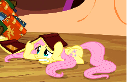 Size: 768x500 | Tagged: safe, screencap, fluttershy, pony, g4, magic duel, season 3, adorable distress, animated, book, book hat, cowering, cute, fear, female, freakout, golden oaks library, interior, scared, shyabetes, solo, trembling