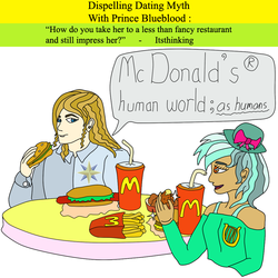 Size: 750x750 | Tagged: safe, artist:princeblueblood, lyra heartstrings, prince blueblood, human, g4, burger, dispelling dating myth with prince blueblood, food, french fries, fried chicken, hot dog, humanized, mcdonald's, ponies eating meat, soda