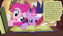 Size: 992x563 | Tagged: safe, screencap, pinkie pie, twilight sparkle, g4, it's about time, my little pony: friendship is magic, clopfic, fanfic, future twilight, out of context, writing