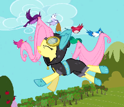 Size: 626x540 | Tagged: safe, screencap, fluttershy, bird, pegasus, pony, magic duel, adorable distress, animated, bunny ears, carrying, clothes, cute, dangerous mission outfit, eyes closed, female, galloping, goggles, hoodie, hoofy-kicks, mare, messy mane, running, running in place, shyabetes, solo, talking