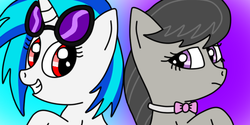 Size: 500x250 | Tagged: safe, artist:chey, dj pon-3, octavia melody, vinyl scratch, g4