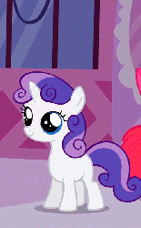 Size: 373x600 | Tagged: safe, screencap, rarity, sweetie belle, pony, g4, magic duel, alternate hairstyle, animated, brush, cute, diasweetes, disguise, female, grooming, magic, raritie belle