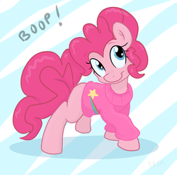 Size: 1064x1053 | Tagged: safe, artist:pippy, pinkie pie, earth pony, pony, pinkiepieskitchen, g4, boop, clothes, cosplay, costume, crossover, cute, diapinkes, female, gravity falls, mabel pines, male, mare, solo, sweater