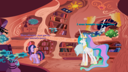 Size: 1280x720 | Tagged: safe, princess celestia, twilight sparkle, g4, golden oaks library, library, thunderstorm