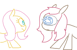 Size: 967x628 | Tagged: safe, artist:weaver, fluttershy, oc, cyclops, g4, blushing, dewbon, monstro village, non-mlp oc, ponified, simple background, stare, white background