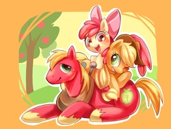 Size: 1024x768 | Tagged: safe, artist:natsu-nori, apple bloom, applejack, big macintosh, earth pony, pony, g4, apple siblings, brother and sister, female, male, pixiv, siblings, stallion