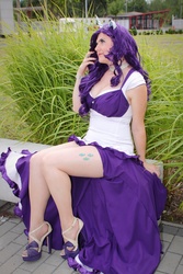 Size: 1667x2500 | Tagged: safe, artist:shinjusworkshop, rarity, human, g4, clothes, cosplay, dress, high heels, irl, irl human, legs, photo, sitting, solo, summer mondocon