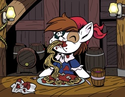 Size: 1650x1276 | Tagged: safe, artist:latecustomer, pipsqueak, earth pony, pony, g4, chubby cheeks, clothes, colt, eating, eyepatch, eyes closed, food, male, messy, messy eating, pasta, pipsqueak eating spaghetti, pirate, solo, spaghetti, table