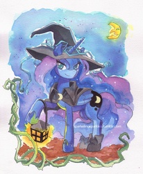 Size: 900x1092 | Tagged: safe, artist:bisc-chan, princess luna, g4, clothes, costume, female, hat, lantern, moon, nightmare night, solo, traditional art, witch