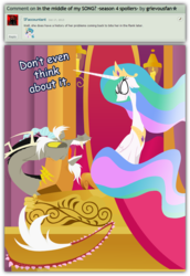 Size: 1024x1490 | Tagged: safe, artist:grievousfan, discord, princess celestia, alicorn, draconequus, pony, g4, comments, discord being discord, female, glare, literal minded, male, mare, sitting, teeth