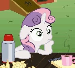 Size: 349x313 | Tagged: safe, screencap, sweetie belle, pony, unicorn, g4, ponyville confidential, animated, coffee, coffee mug, cropped, female, filly, floppy ears, hoof on chin, loop, mug, notepad, paper, pondering, solo, thinking