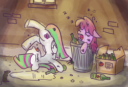 Size: 1000x678 | Tagged: safe, artist:king-kakapo, berry punch, berryshine, blossomforth, earth pony, pegasus, pony, g4, drawfag, drunk, frontbend, sleeping, trash, trash can