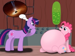 Size: 1280x960 | Tagged: safe, artist:8aerondight8, pinkie pie, twilight sparkle, earth pony, pony, unicorn, g4, accretion disk, belly, big belly, black hole, duo, duo female, fat, female, floppy ears, golden oaks library, hose, inflation, quasar, science, thinking, thought bubble, unicorn twilight