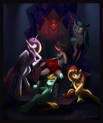 Size: 1091x1306 | Tagged: dead source, safe, artist:marbleyarns, king sombra, lightning dust, princess cadance, queen chrysalis, sunset shimmer, alicorn, changeling, changeling queen, pegasus, pony, umbrum, unicorn, g4, alicorn amulet, antagonist, fanfic, horn, king sombra gets all the mares, lucky bastard, throne, throne slouch