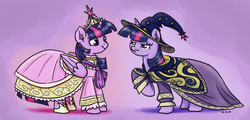 Size: 1280x615 | Tagged: safe, artist:king-kakapo, twilight sparkle, alicorn, pony, unicorn, g4, adventure in the comments, alternate universe, big crown thingy, clothes, colored, dress, ear fluff, earring, element of magic, female, frown, glare, hat, mare, multiverse, raised hoof, scene interpretation, self ponidox, smiling, standing, twiface, twilight sparkle (alicorn), unamused, unicorn twilight, wizard, wizard hat