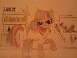 Size: 1280x960 | Tagged: safe, artist:darkghost127, twilight sparkle, alicorn, pony, g4, clothes, evil twilight, female, lab coat, mad science, mad scientist, mare, raised hoof, scalpel, solo, syringe, traditional art, twilight sparkle (alicorn)