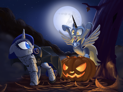 Size: 999x747 | Tagged: safe, artist:mick-o-maikeru, derpy hooves, nightmare moon, rarity, pegasus, pony, unicorn, vampire, g4, bipedal, clothes, costume, dress, fangs, featured image, female, floppy ears, goth, gothic, gritted teeth, halloween, jack-o-lantern, mare, mare in the moon, moon, night, nightmare derpy, nightmare night, open mouth, raised hoof, shocked, smiling, spread wings, wide eyes