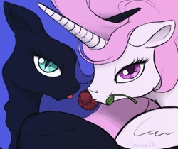 Size: 500x419 | Tagged: safe, artist:arareroll, nightmare moon, princess celestia, princess luna, alicorn, pony, g4, :p, bedroom eyes, floppy ears, looking at you, looking back, mouth hold, nightmare mlem, pink-mane celestia, rose, royal sisters, smiling, tongue out