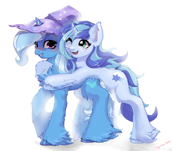 Size: 900x789 | Tagged: safe, artist:pyoo-kee-pony, trixie, oc, oc:night whispers, g4, blushing, canon x oc, female, hug, lesbian, shipping