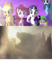 Size: 904x1040 | Tagged: safe, applejack, fluttershy, pinkie pie, rainbow dash, rarity, spike, kaiju, g4, alicorn flash, exploitable meme, godzilla, godzilla (series), godzilla 2014, hub logo, meme