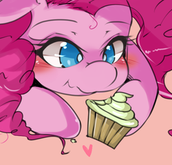 Size: 550x526 | Tagged: safe, artist:hua, pinkie pie, earth pony, pony, g4, blushing, bust, colored pupils, cupcake, cute, diapinkes, eating, female, heart, mare, pink background, pixiv, portrait, prone, simple background, solo