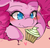 Size: 550x526 | Tagged: safe, artist:hua, pinkie pie, earth pony, pony, g4, blushing, bust, colored pupils, cupcake, cute, diapinkes, eating, female, heart, mare, pink background, portrait, prone, simple background, solo