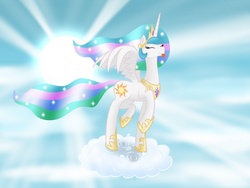 Size: 1280x960 | Tagged: safe, artist:8aerondight8, princess celestia, g4, :p, cloud, cloudy, crepuscular rays, cute, cutelestia, dancing, eyes closed, female, raised hoof, raised leg, sillestia, silly, smiling, solo, spread wings, tongue out