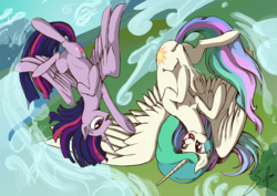 Size: 1191x842 | Tagged: safe, artist:silfoe, princess celestia, twilight sparkle, alicorn, pony, g4, female, flying, mare, twilight sparkle (alicorn)