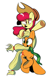 Size: 1280x1760 | Tagged: dead source, safe, artist:turtlefarminguy, apple bloom, applejack, g4, accessory swap, clothes, scarf